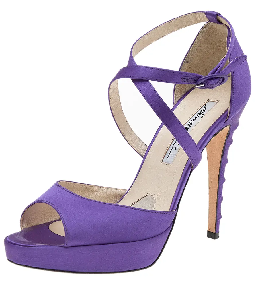 Brian Atwood Purple Satin Platform Ankle Strap Sandals Size 38.5