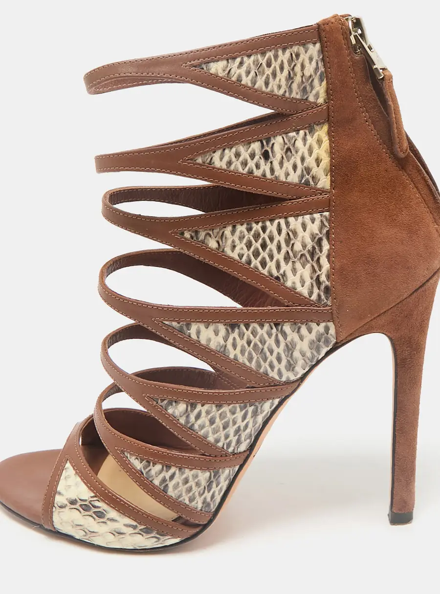 Brian Atwood Brown Leather and Snakeskin Lynnden Cage Sandals Size 38