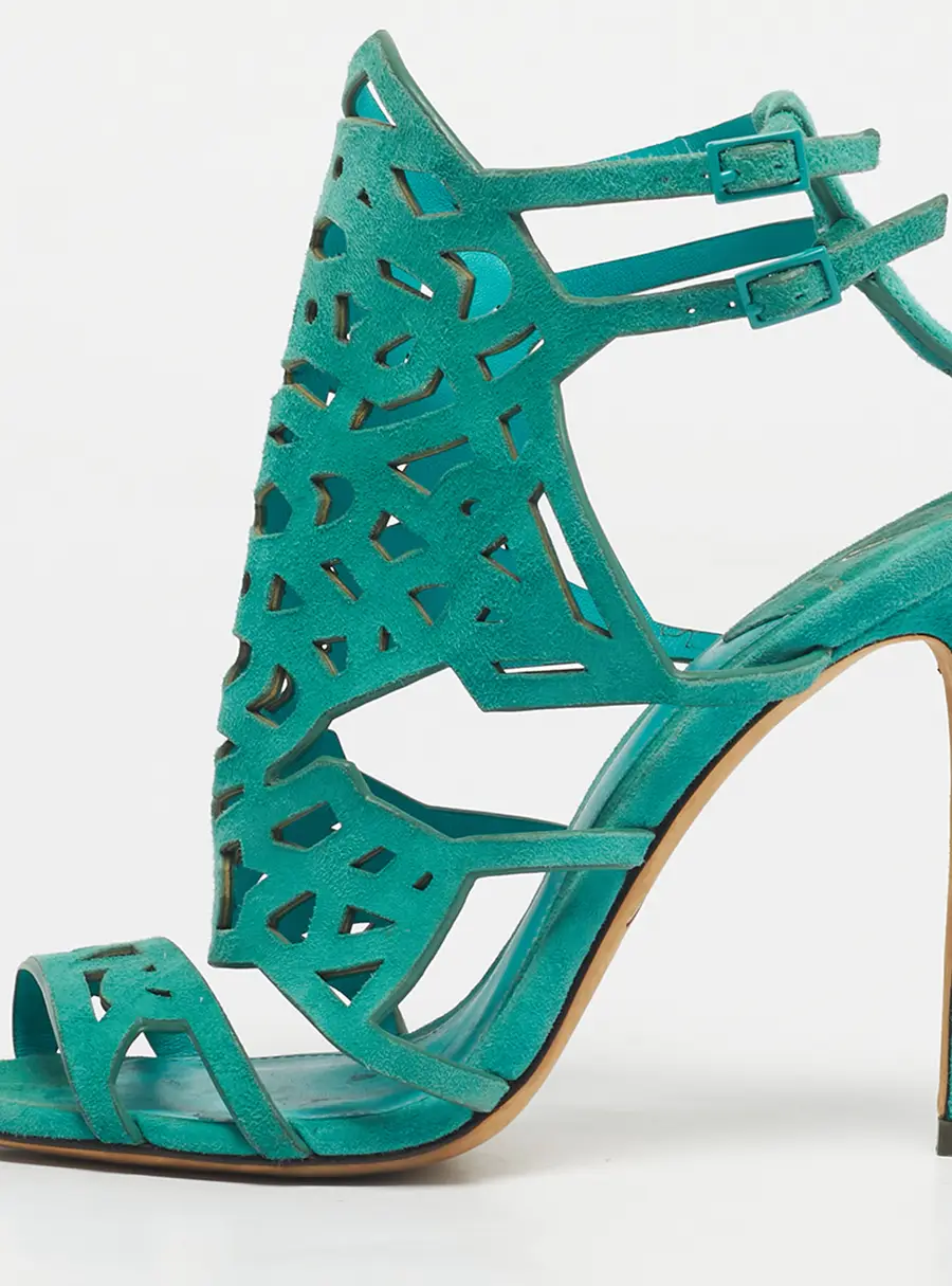 Brian Atwood Green Suede Laplata Laser Cut Sandals Size 39.5
