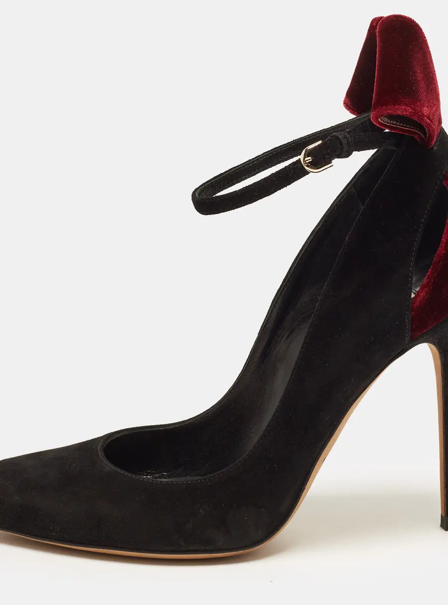 Brian Atwood Size 38 Black/Burgundy Suede and Velvet Bow Ankle Strap Pumps