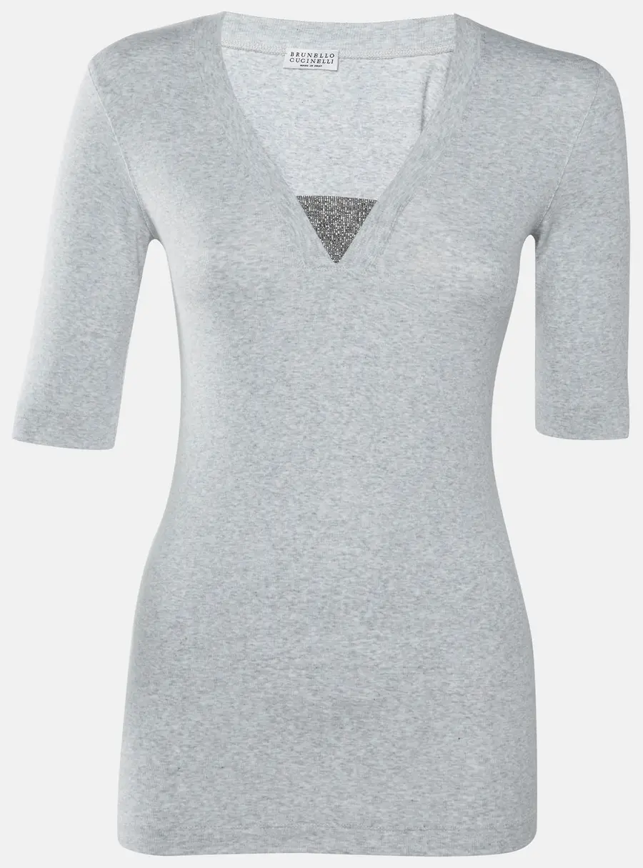 Brunello Cucinelli Grey Rib Knit Monili Detail V-Neck T-Shirt S