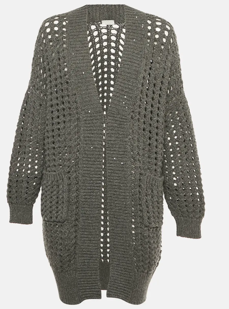 Brunello Cucinelli Grey Sequin Open Knit Cardigan S