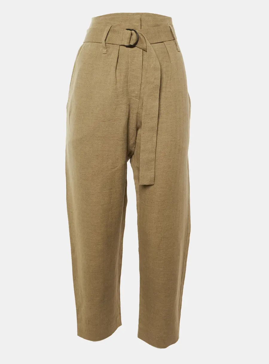 Brunello Cucinelli Beige Belted Cotton & Linen Blend Trousers M
