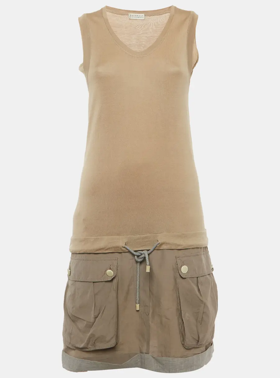 Brunello Cucinelli Beige Cotton Knit Sleeveless Short Dress XS