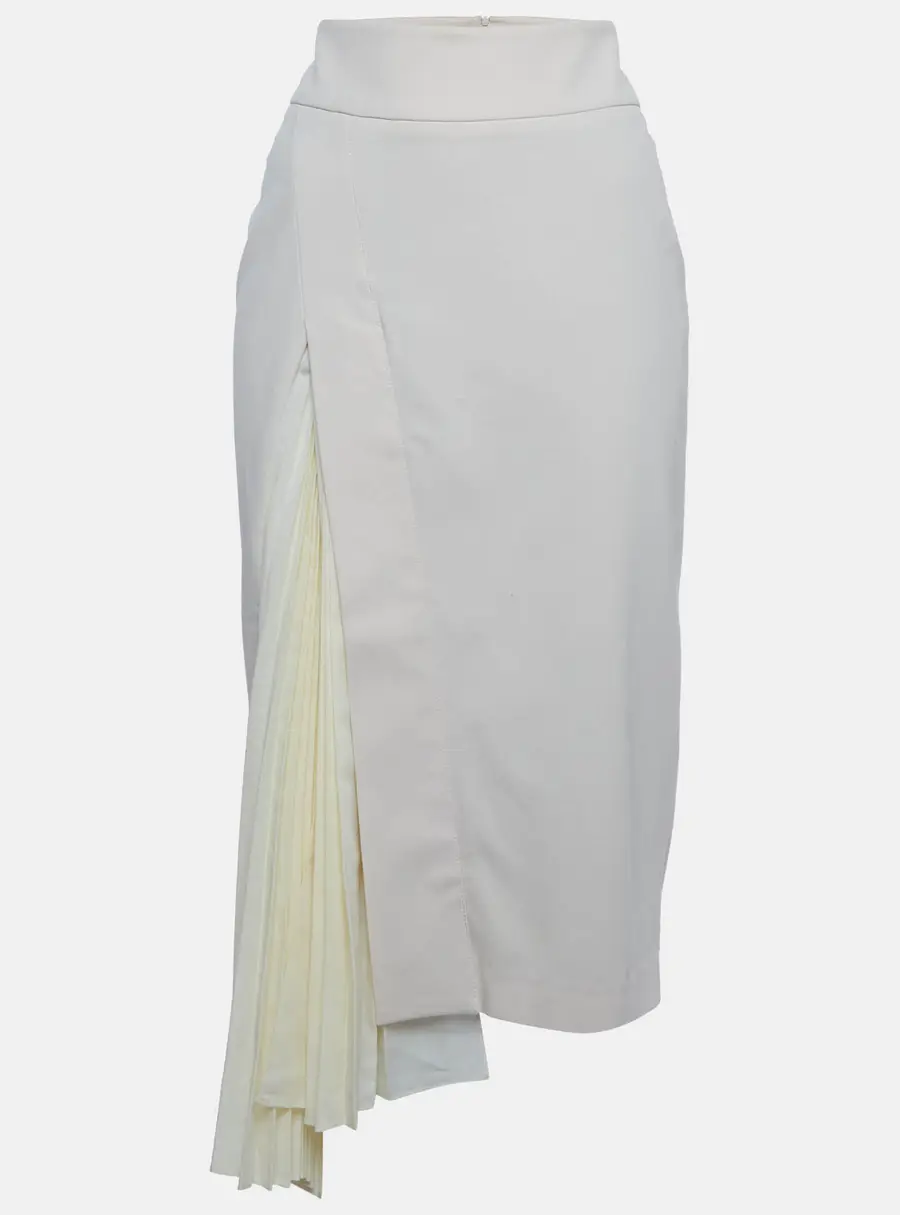 Brunello Cucinelli Cream Twill and Cotton Pleat Detail Midi Skirt M