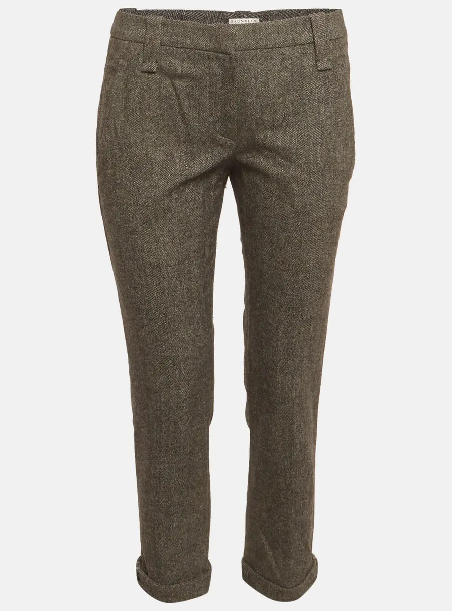Brunello Cucinelli Grey Herringbone Monili Trim Trousers S