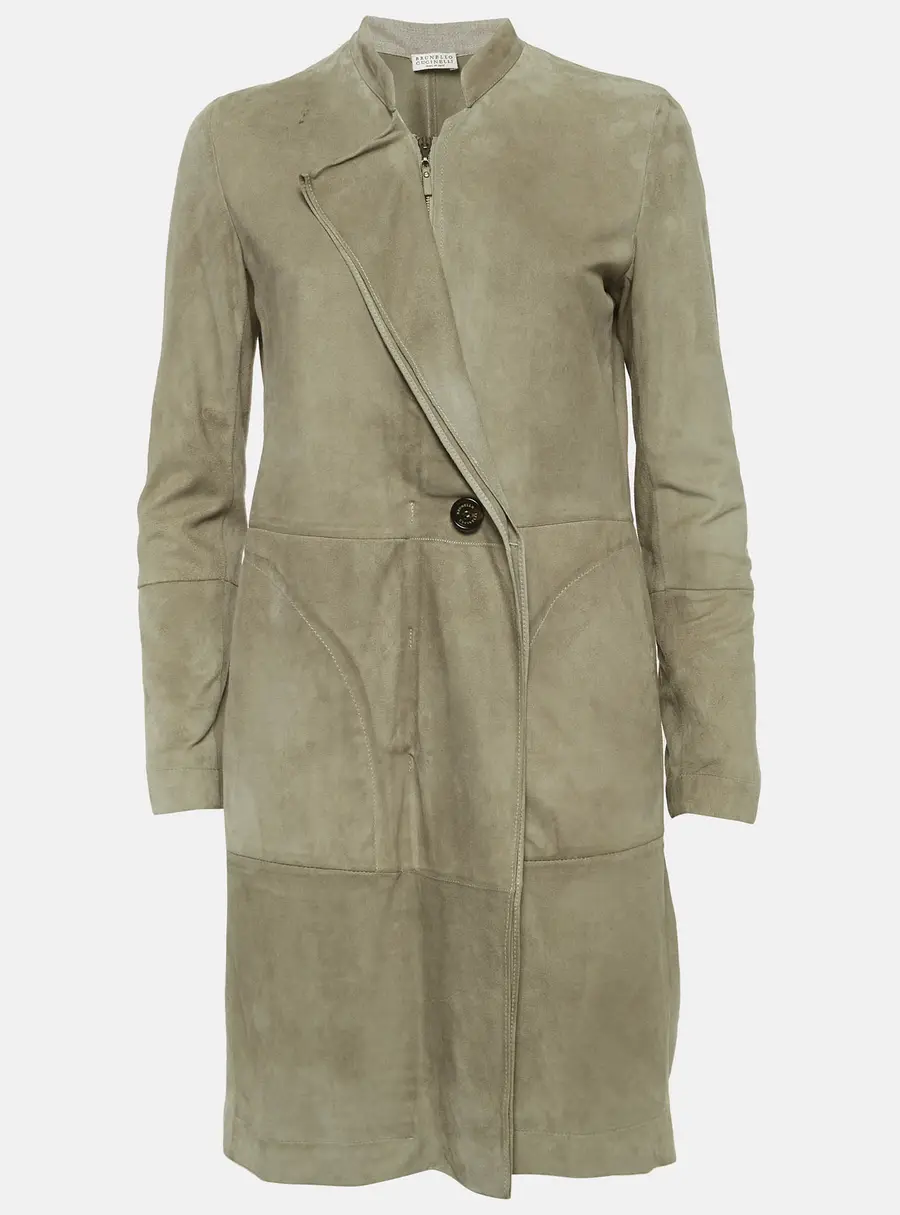 Brunello Cucinelli Sage Green Suede Mid Length Jacket M