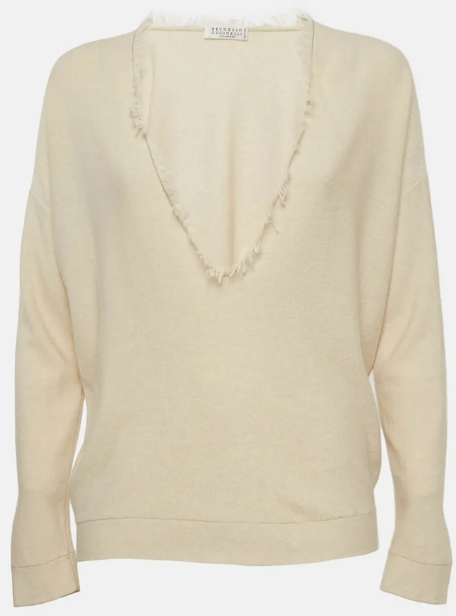 Brunello Cucinelli Cream Cashmere V-Neck Top M