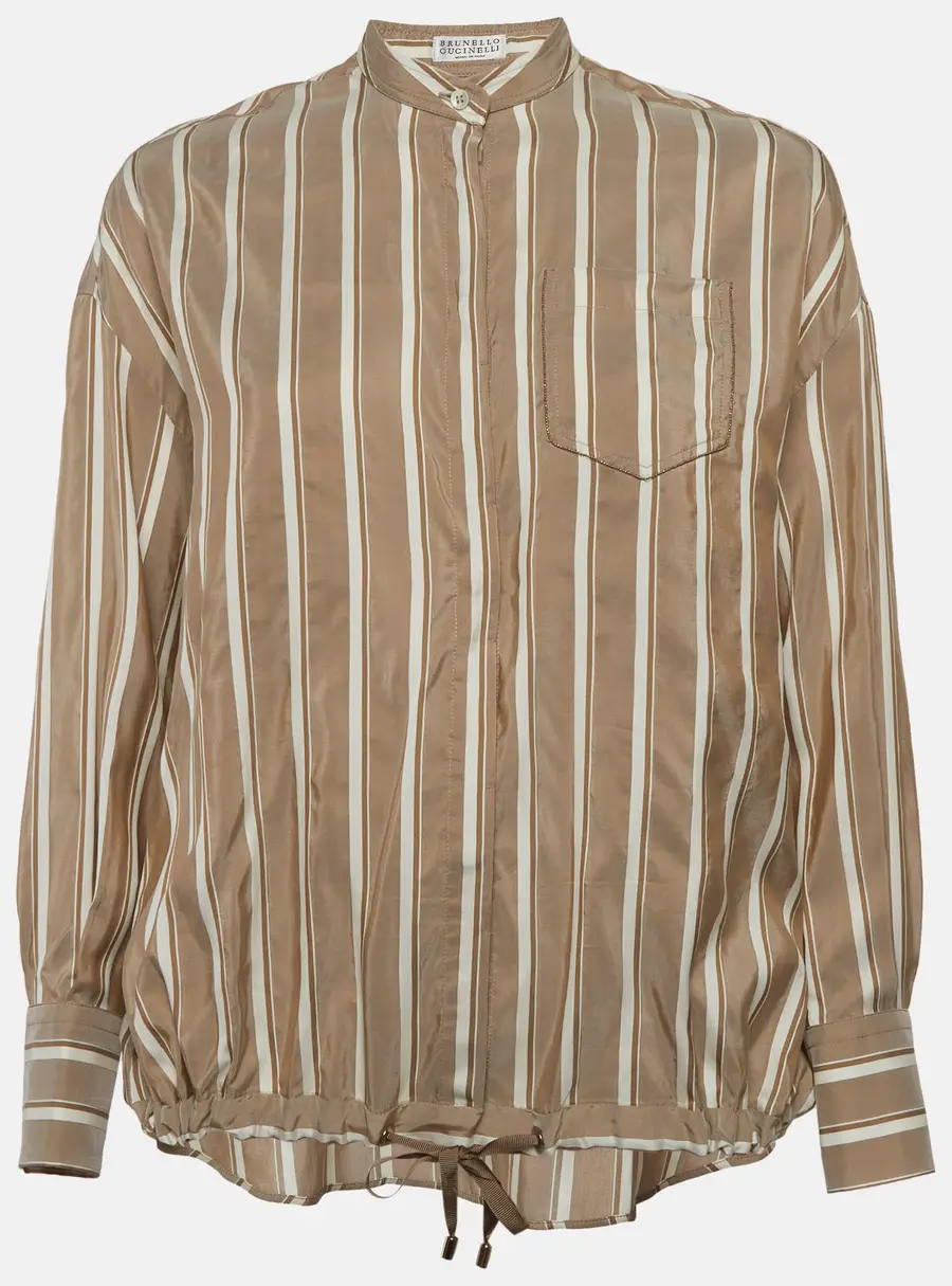 Brunello Cucinelli Light Brown Striped Silk Drawstring Shirt XS