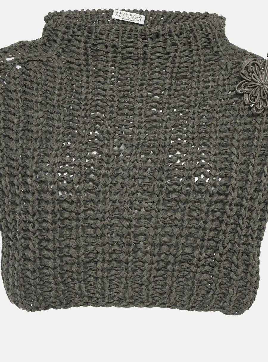 Brunello cucinelli Grey Crochet Floral Applique Crop Top XS
