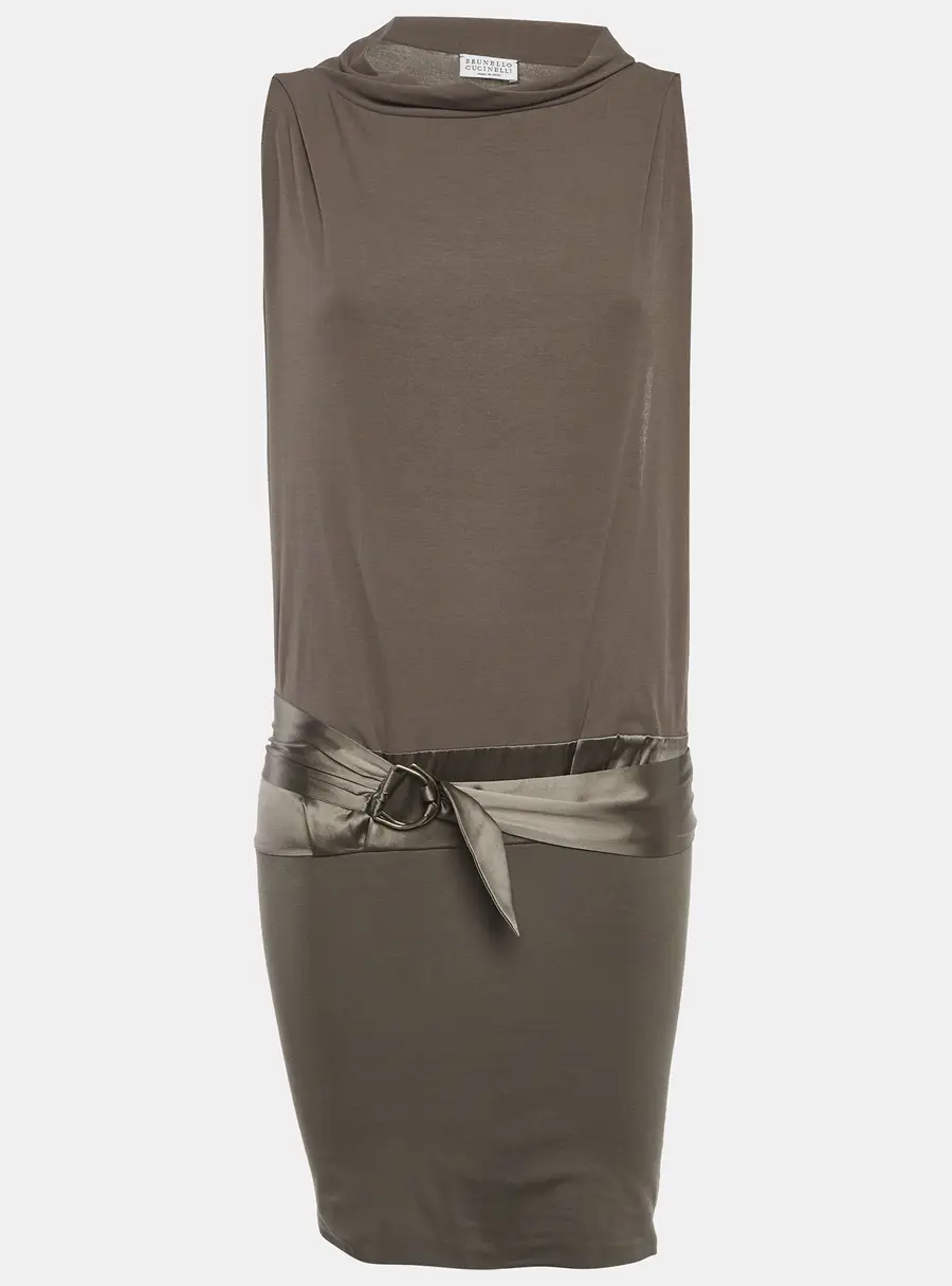 Brunello Cucinelli Light Brown Satin and Jersey Belt Detail Midi Dress XS