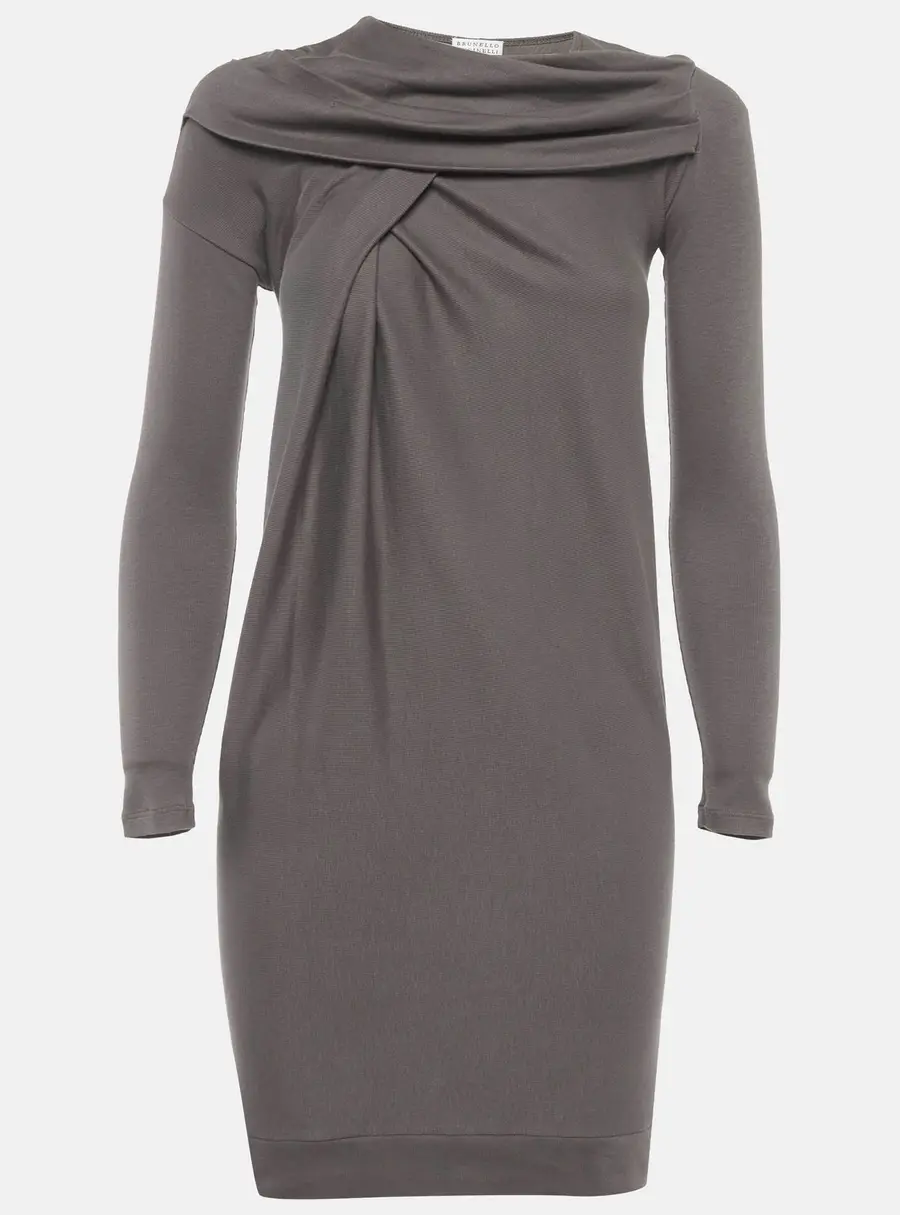 Brunello Cucinelli Grey Cotton Knit Pleated Neck Dress XS