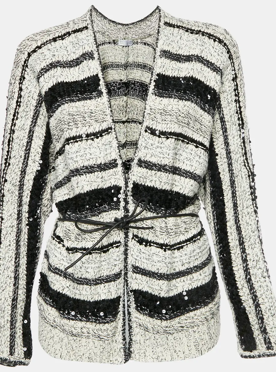 Brunello Cucinelli Black/White Striped Knit Sequin Detail Cardigan M