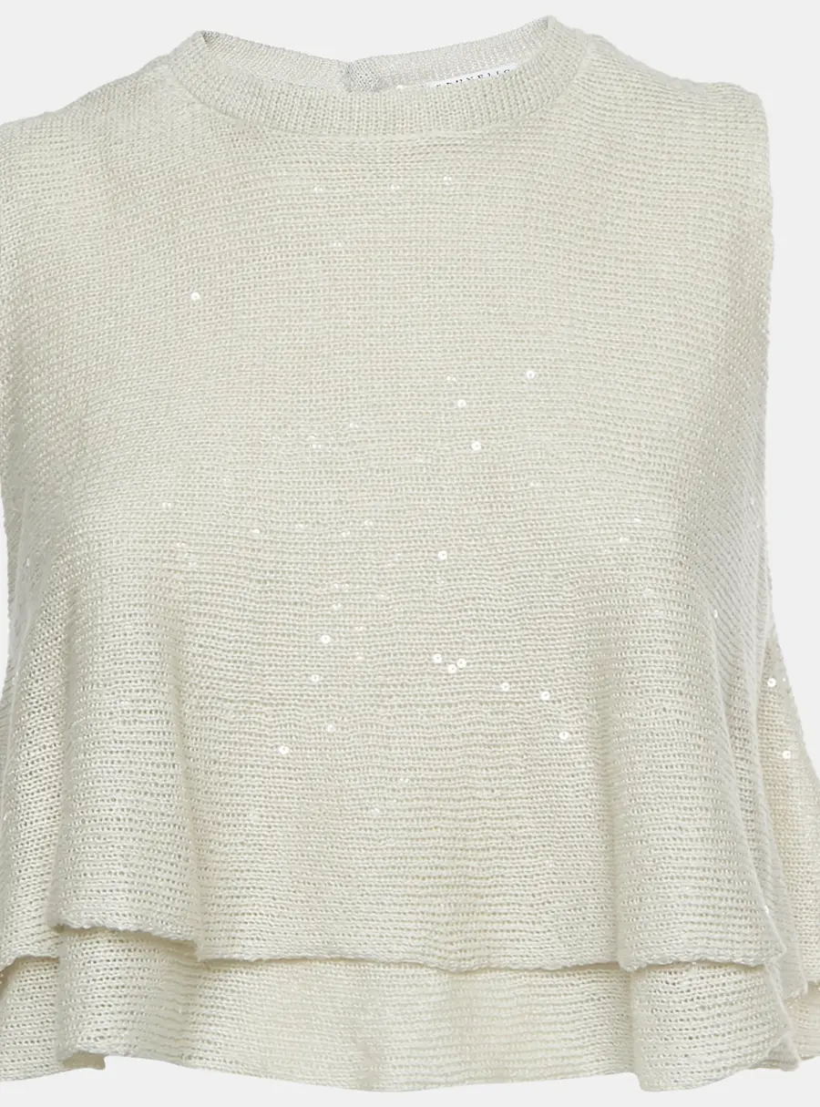 Brunello Cucinelli Cream Sequin Knit Flared Crop Top M