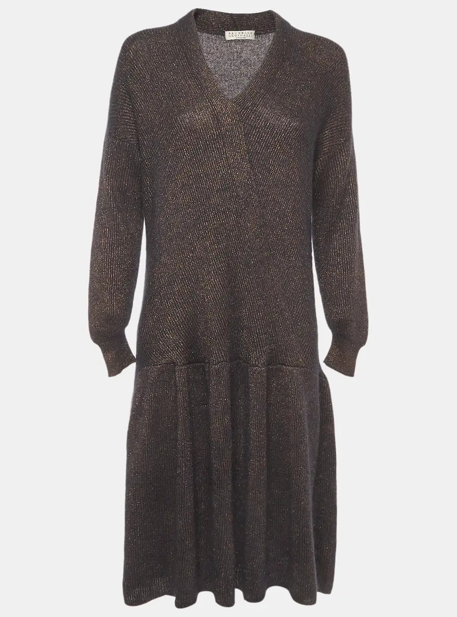 Brunello Cucinelli Black/Gold Lurex Knit Knee Length Dress M