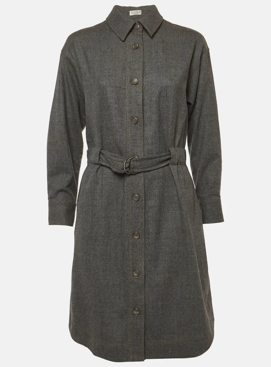 Brunello Cucinelli Grey Wool Belted Knee-Length Shirt Dress M