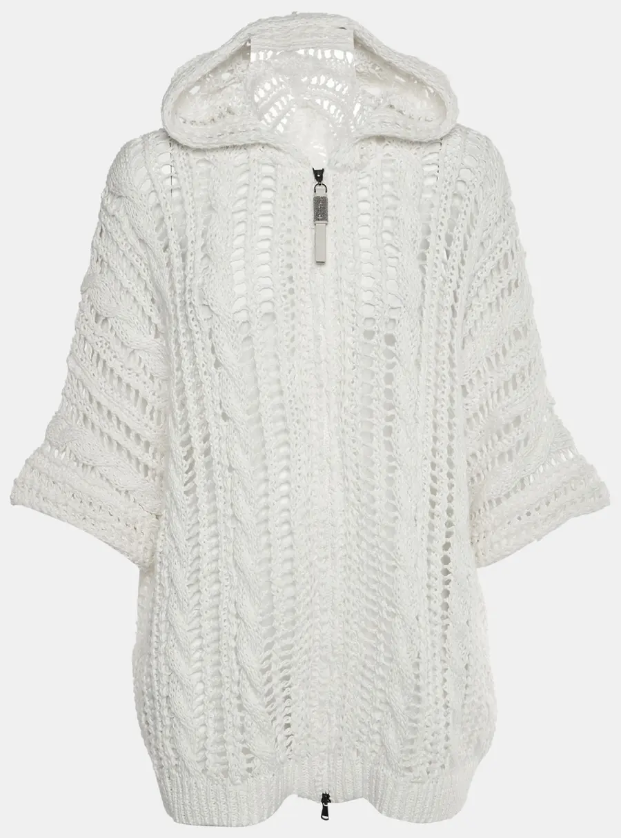 Brunello Cucinelli White Jute Crochet Moneli Detail Cardigan S