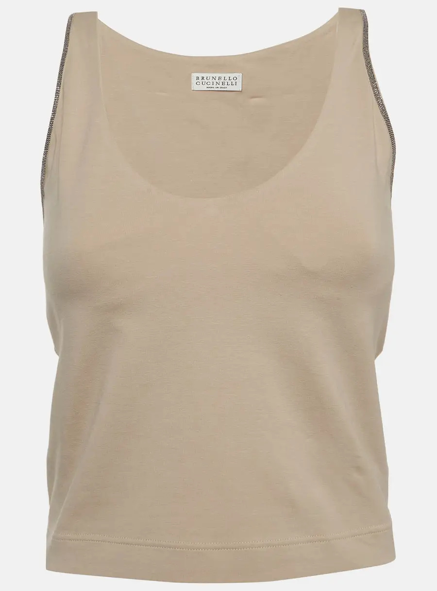 Brunello Cucinelli Beige Monili Embellished Knit Cropped Tank Top XS