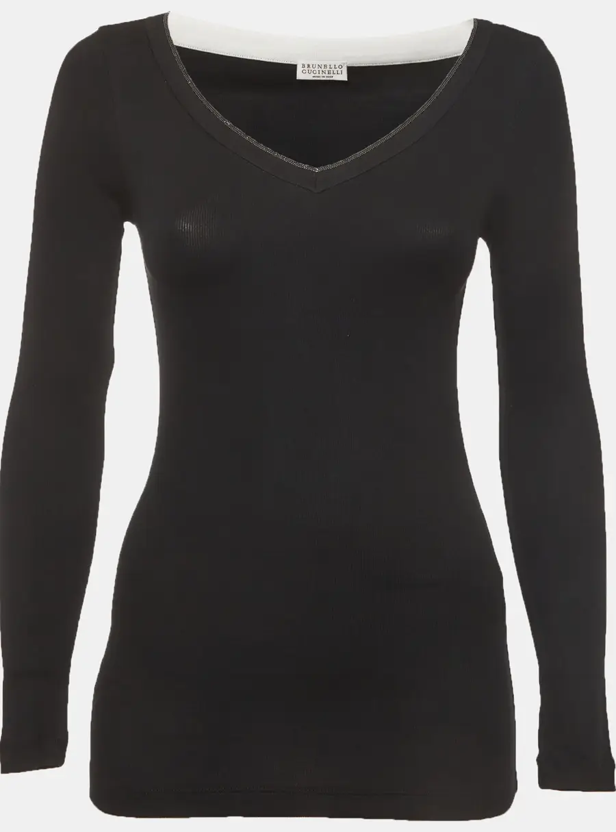 Brunello Cucinelli Navy Blue Stretch Cotton Monili Detail Top XS