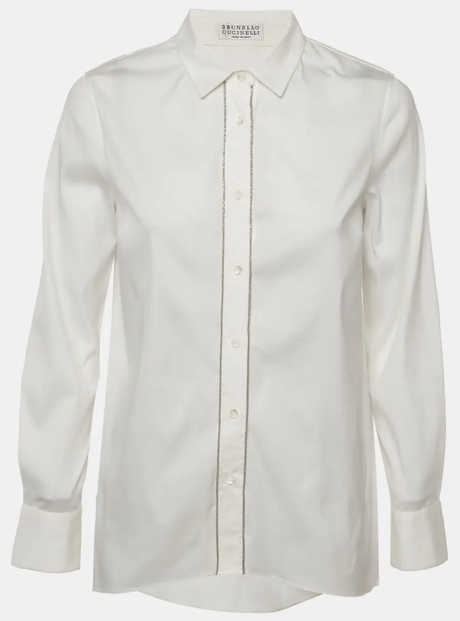Brunello Cucinelli White Cotton Button Front Monili Detail Shirt L