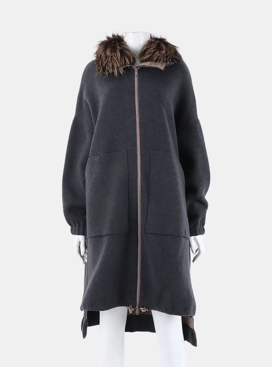 Brunello Cucinelli Fox Fur Trimmed Cashmere Knit Zip-Up Coat