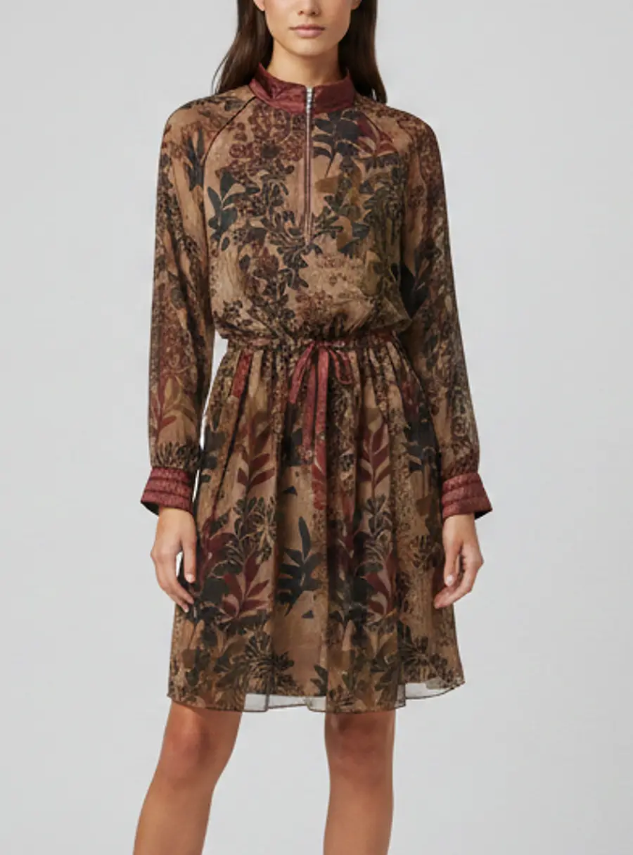 Brunello Cucinelli Brown/Burgundy Floral Print Silk Chiffon Dress M