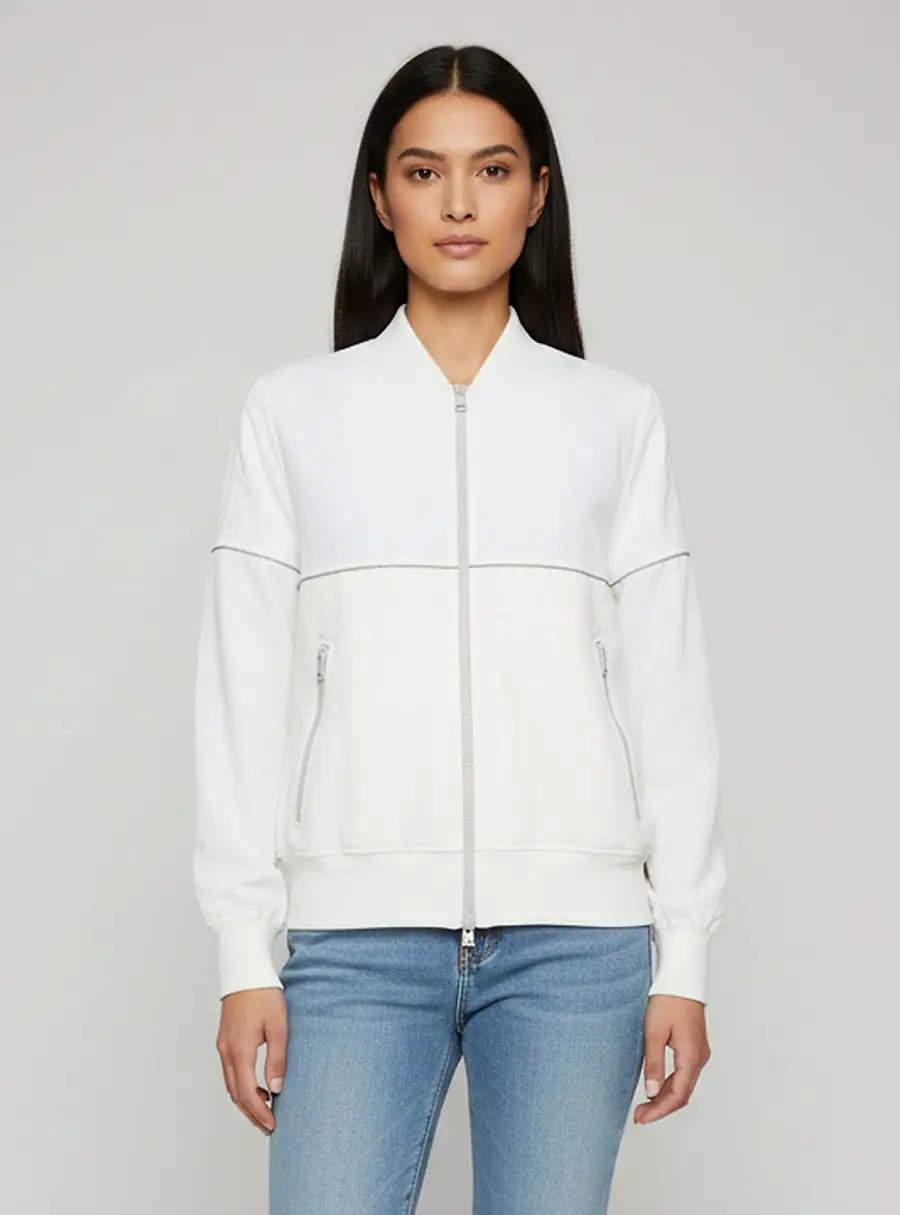 Brunello Cucinelli White Poplin Paneled Monili Trim Bomber Jacket M