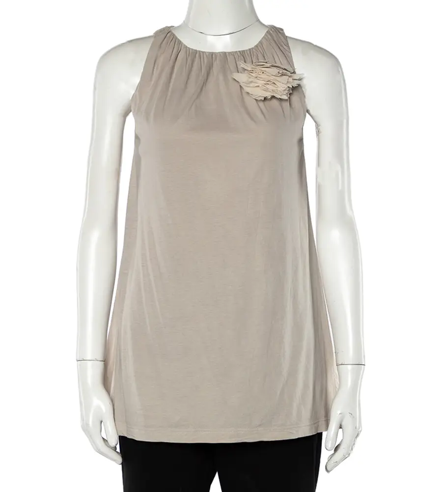 Brunello Cucinelli Beige Cotton Knit Applique Detail Sleeveless Tunic M