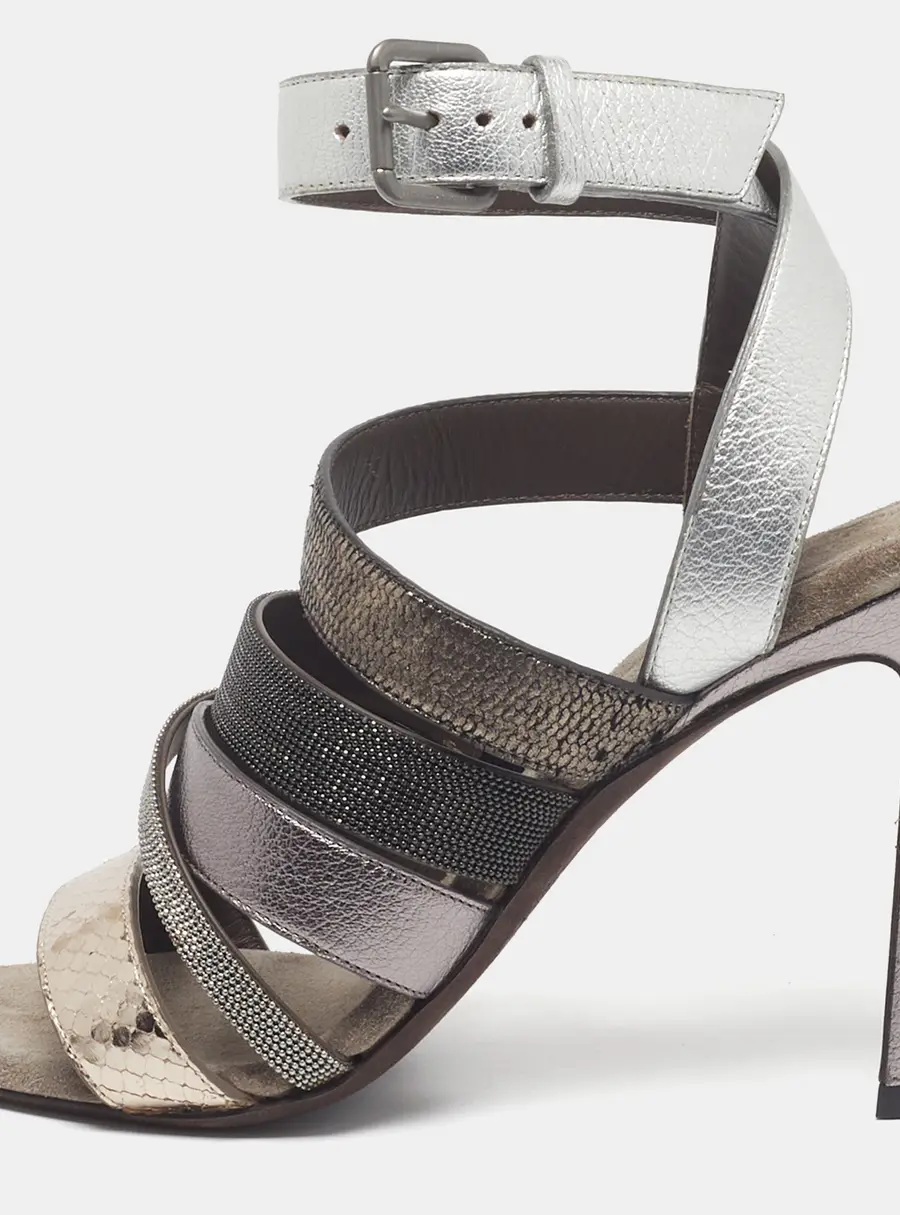 Brunello Cucinelli Size 36.5 Silver Leather and Snakeskin Embossed Ankle Strap Sandals