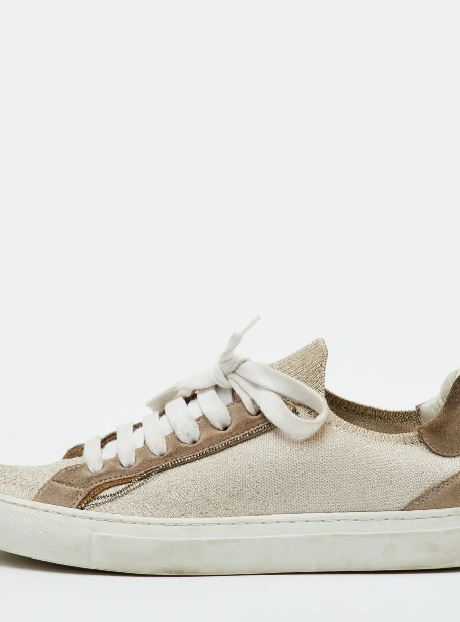 Brunello Cucinelli Size 40 Beige Metallic Knit Fabric and Suede Low Top Sneakers