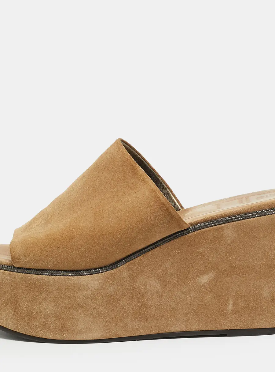 Brunello Cucinelli Monili Size 41 Beige Suede Wedge Platform Sandals