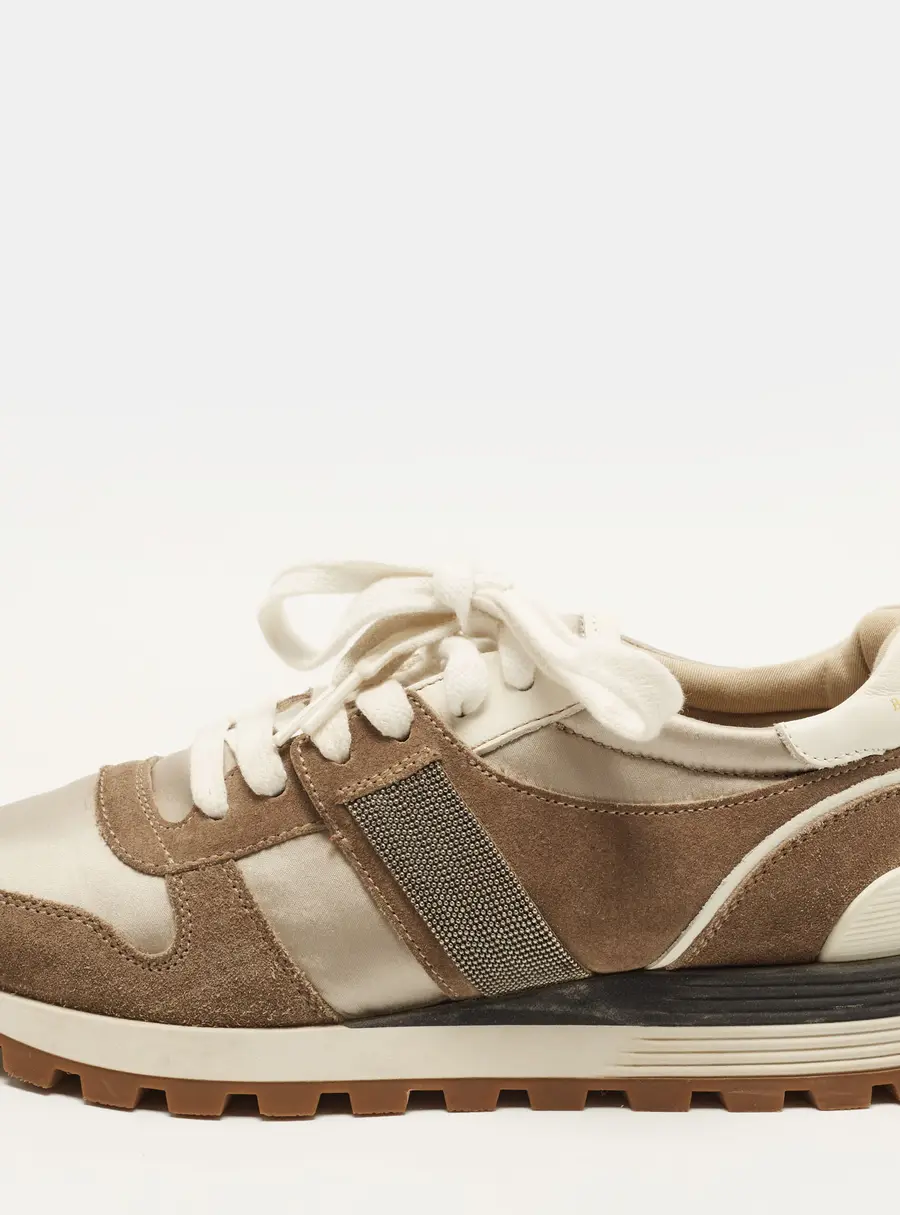 Brunello Cucinelli Monili Size 37 Brown/White Fabric and Suede Lace Up Sneakers