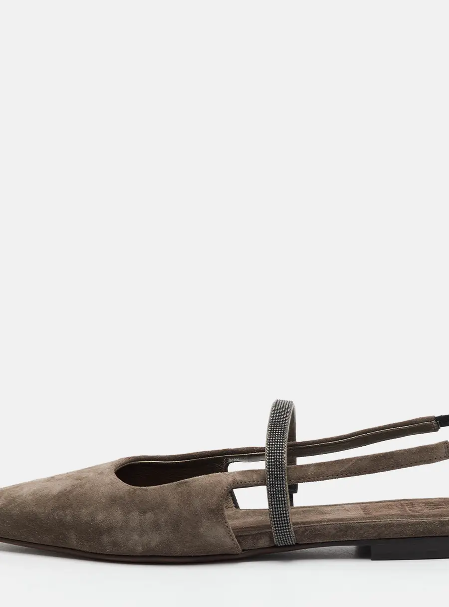 Brunello Cucinelli Monili Size 38 Taupe Grey Suede Pointed Toe Slingback Flats