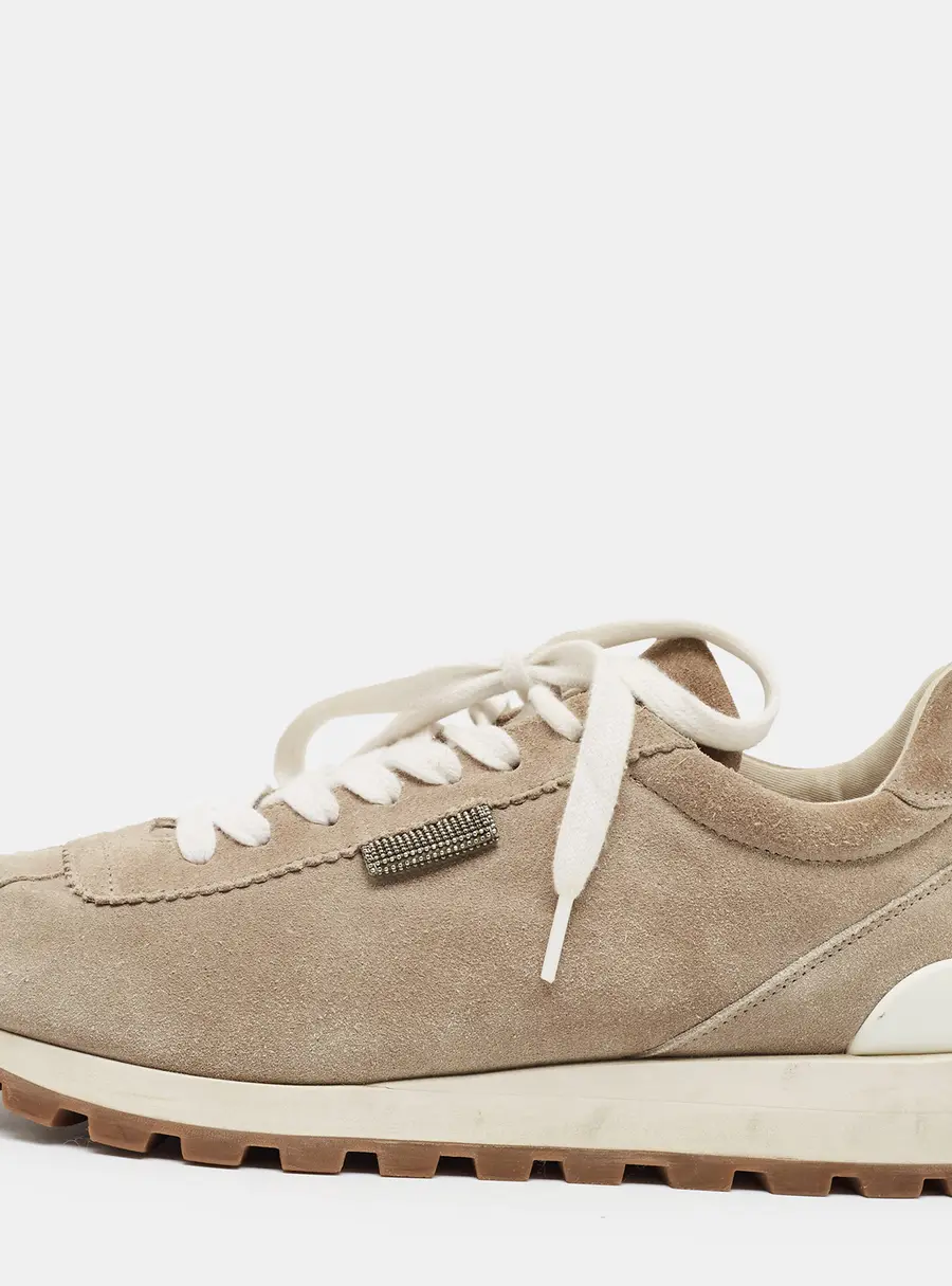 Brunello Cucinelli Monili Size 39.5 Warm Taupe Suede Runner Lace Up Sneakers