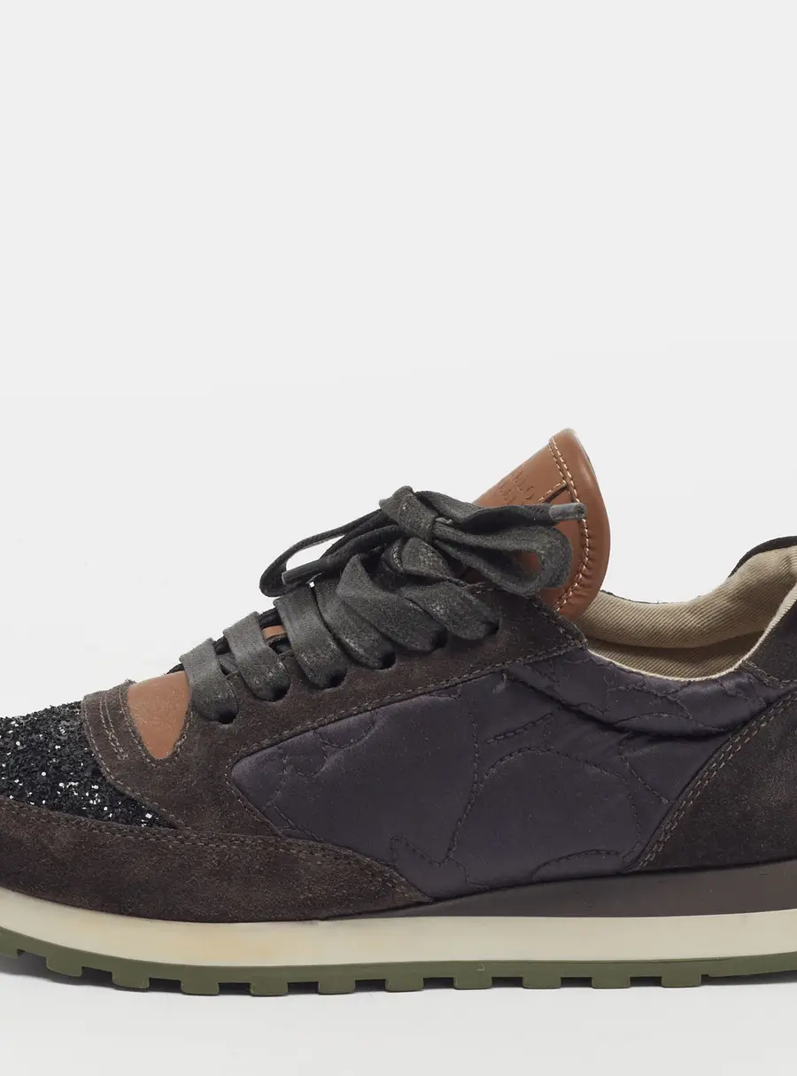 Brunello Cucinelli Monili Size 37 Grey/Black Nylon and Suede Lace Up Sneakers