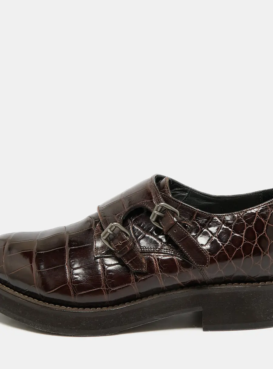 Brunello Cucinelli Size 37 Brown Croc Embossed Leather Oxfords