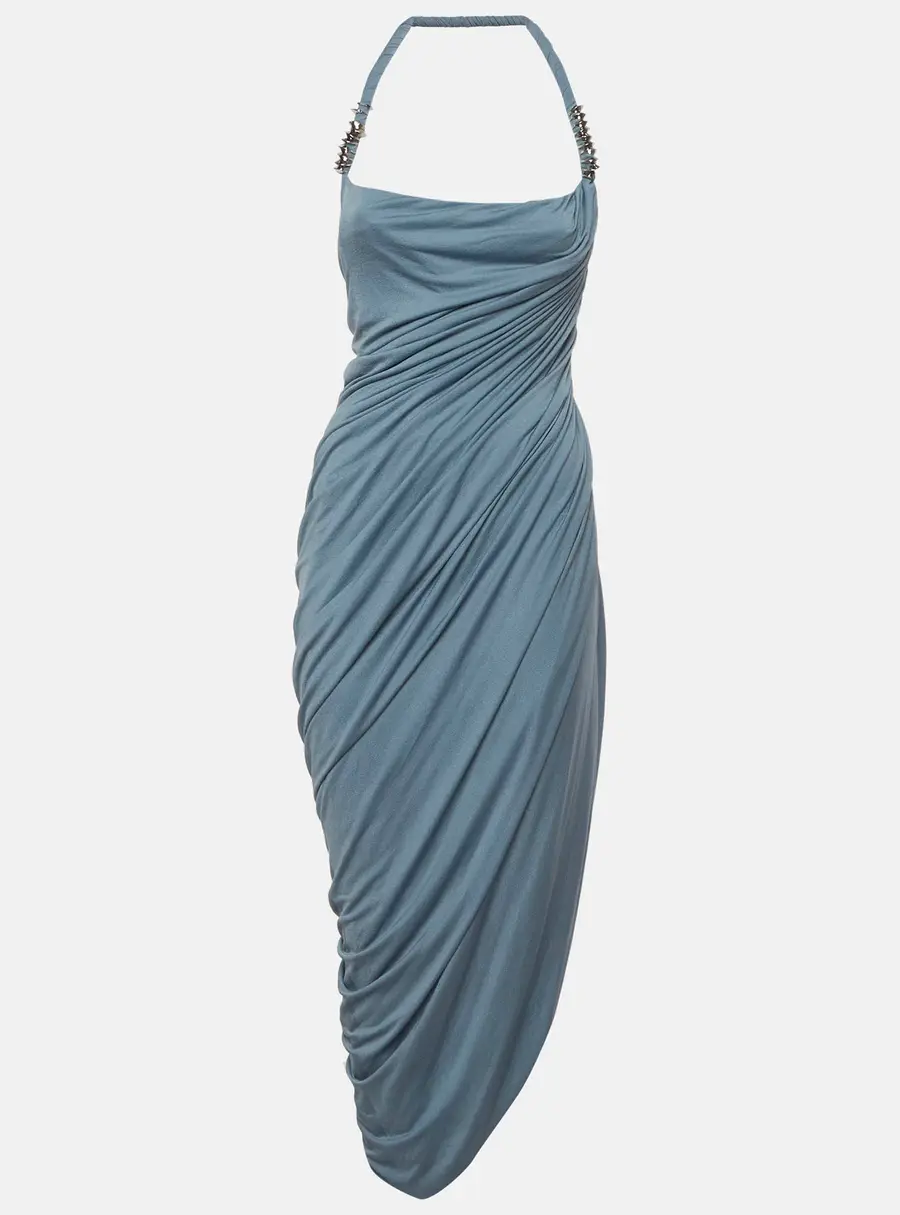 C. Dam Blue Stretch Crepe Ruched Maxi Dress XS
