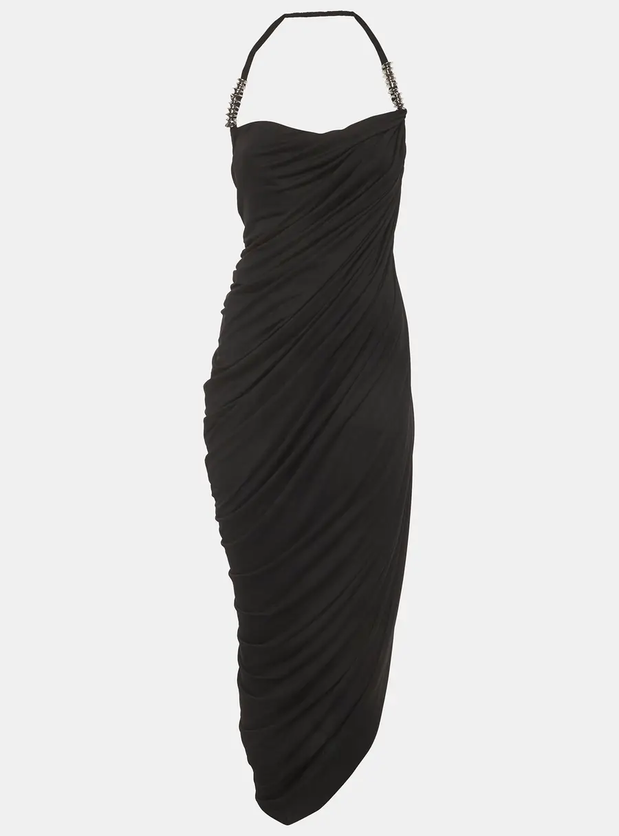C. Dam Black Stretch Crepe One Shoulder Draped Maxi Dress XS