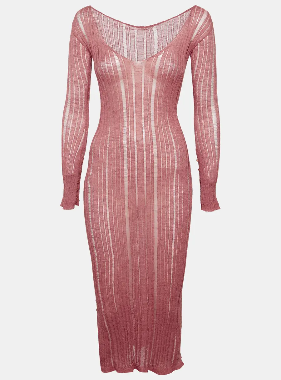 Cult Gaia Pink Lurex Rib Knit Semi Sheer Bodycon Dress S