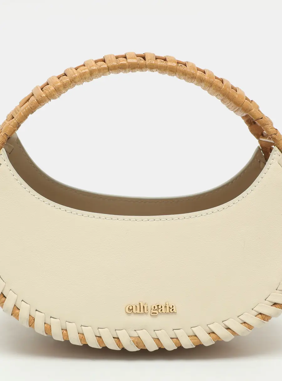 Cult Gaia Aiko White/Brown Leather and Rattan Hobo