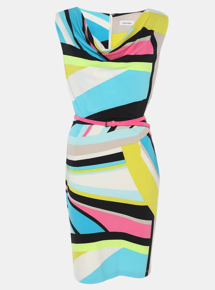 Calvin Klein Multicolor Printed Jersey Sleeveless Belted Mini Dress L