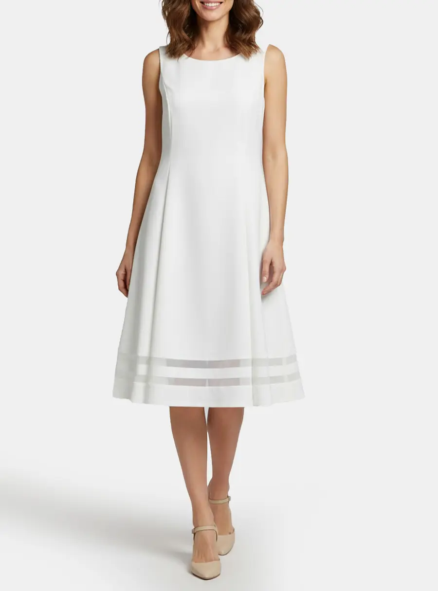 Calvin Klein White Striped Crepe and Mesh Knit Sleeveless Dress XL