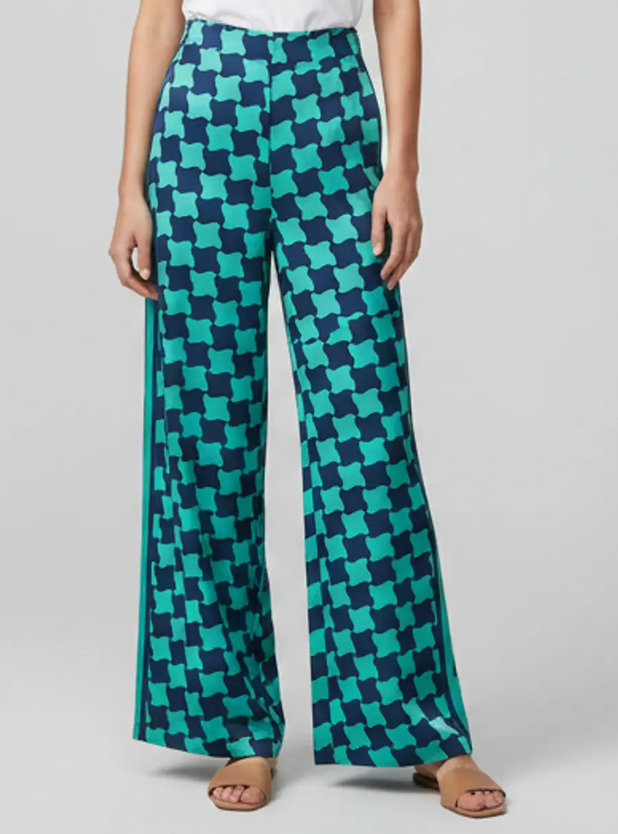 Casablanca Blue Pool Tile Print Silk Wide-Leg Trousers S