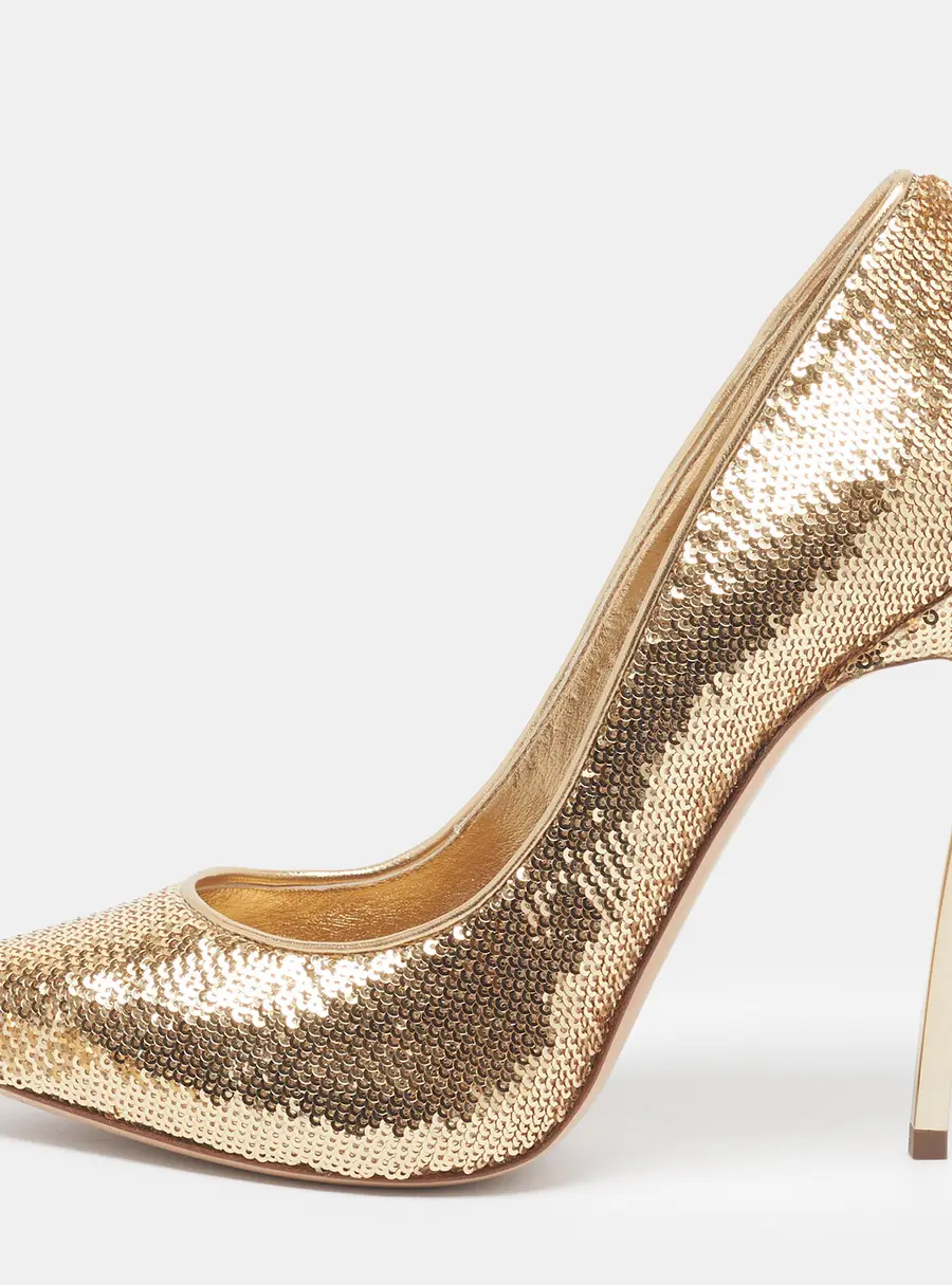 Casadei Blade Size 39 Gold Sequins and Leather Pumps