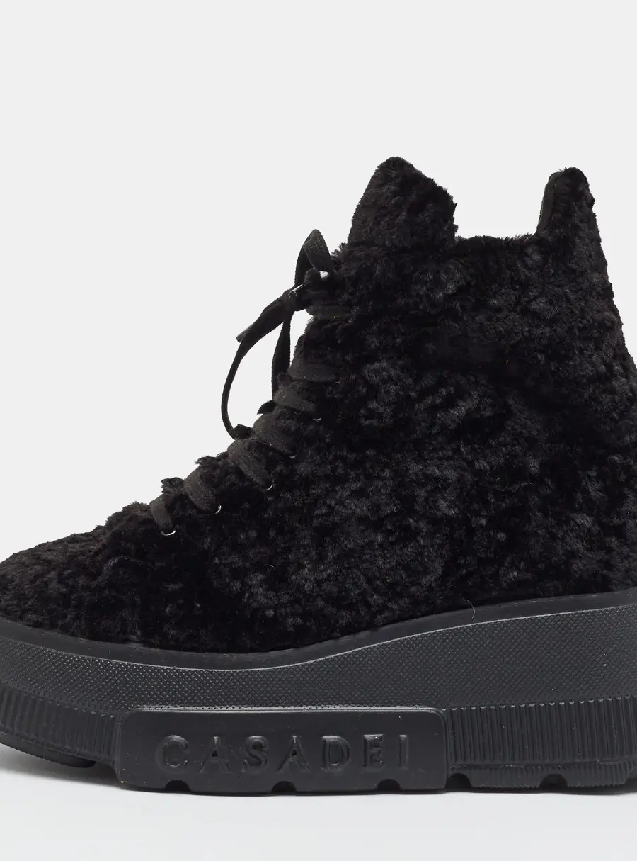Casadei Ecoshe Size 39.5 Black Faux Fur Lace Up Combat Boots