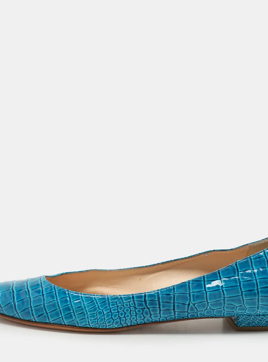 Casadei Size 37.5 Blue Croc Embossed Patent Leather Ballet Flats