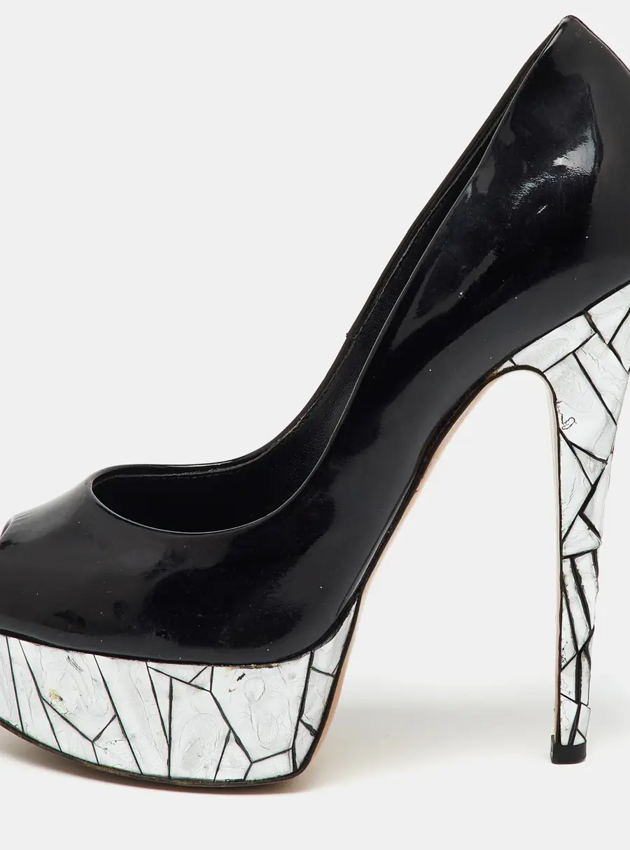 Casadei Black Patent Leather Mosaic Mirror Heel Peep Toe Platform Pumps Size 36