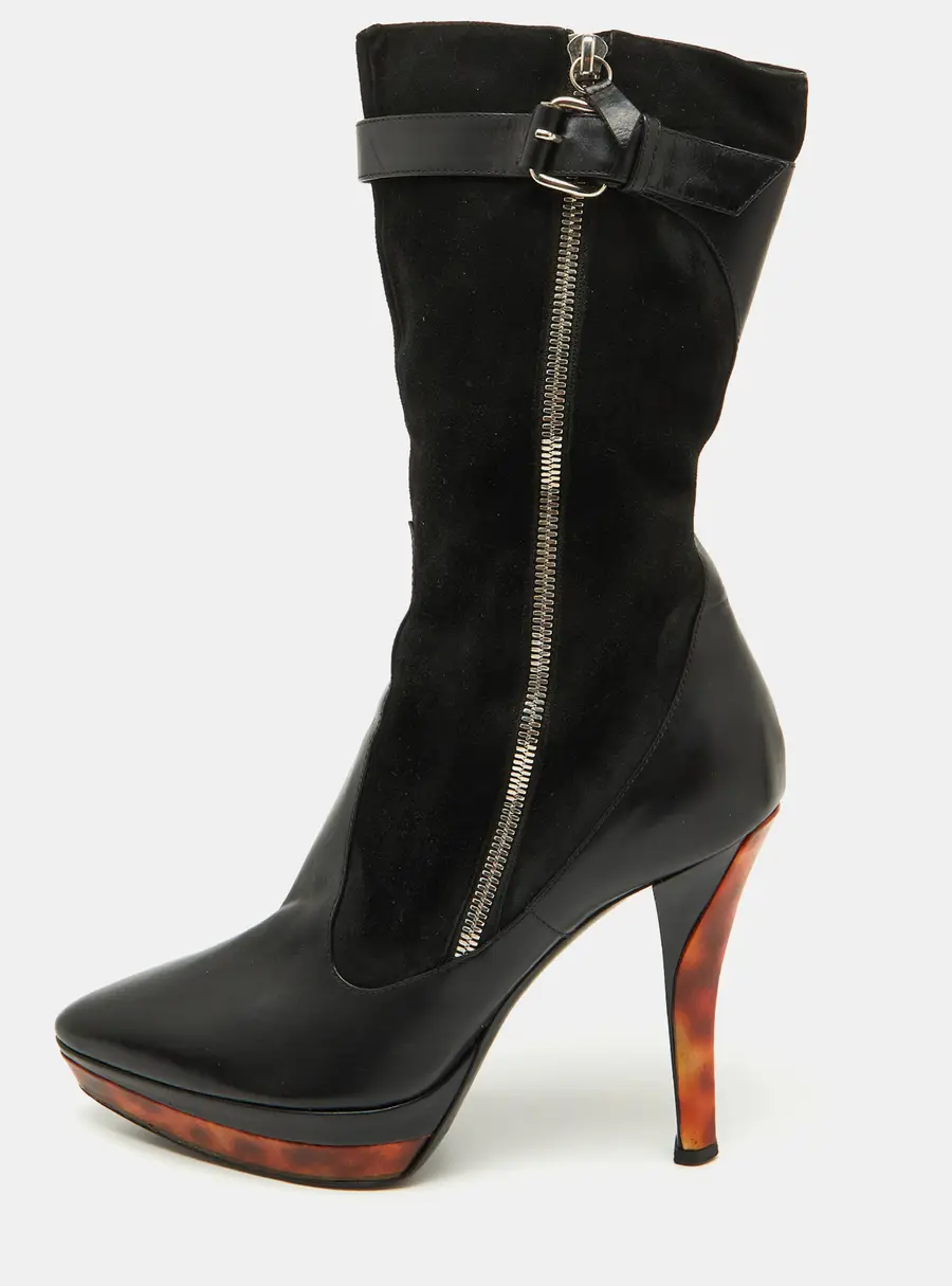 Casadei Black Suede and Leather Platform Ankle Length Boots Size 37.5