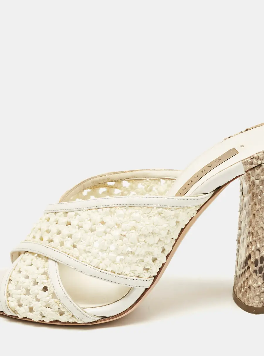 Casadei White/Brown Knit Fabric and Python Leather Slide Sandals Size 36