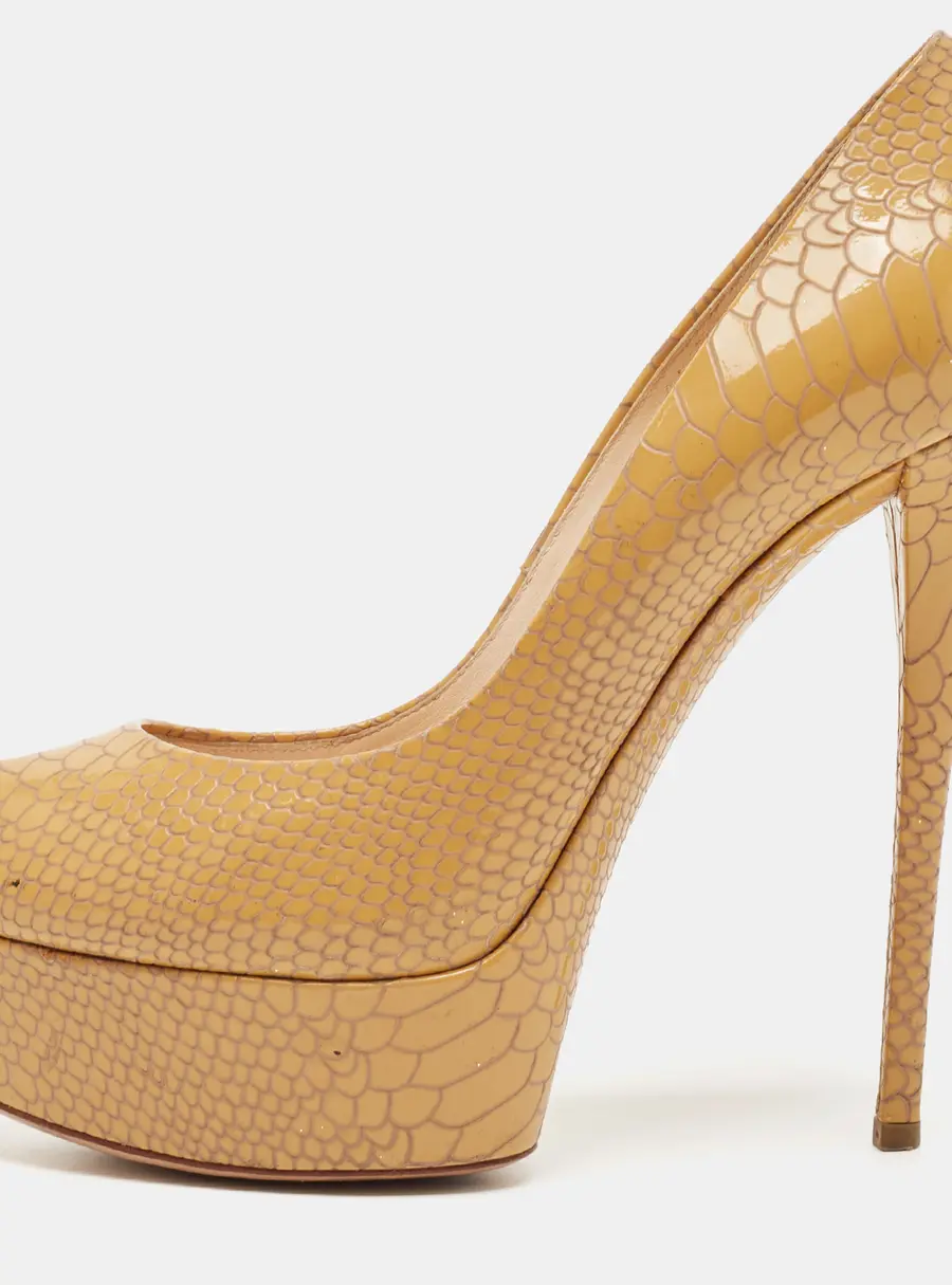 Casadei Brown Python Embossed Leather Peep Toe Pumps Size 39